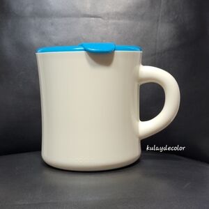 Vintage Aladdin Insulated Travel Mug White Blue Lid Coffee Cup Thermo USA Style